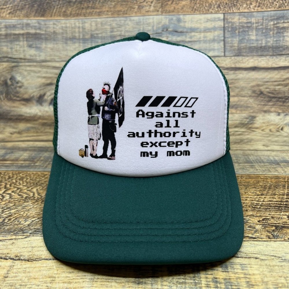 Against All Authority Except My Mom Anarchy Mens Trucker Hat Green Snapback Cap - Picture 2 of 8